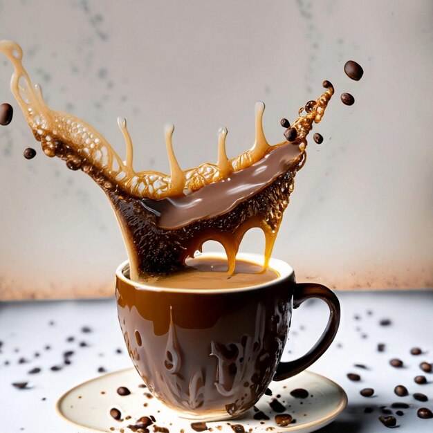 Photo explosion of coffee with a cup and beans