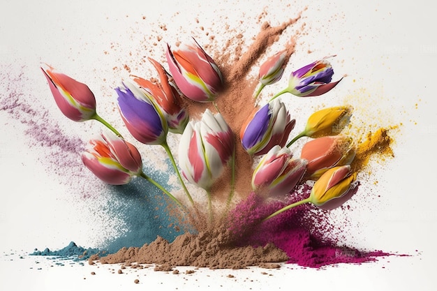 Explosion of color Holi powder and tulips on