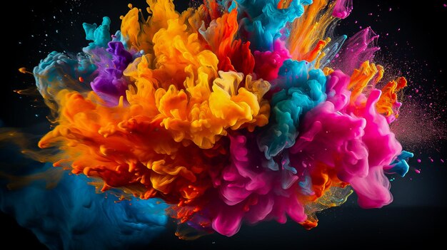 explosion of colored paints on a black background background space for text