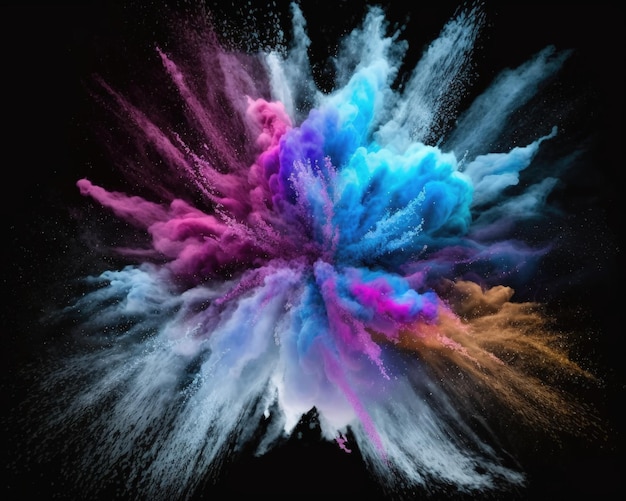 Photo explosion of colored powder abstract dust closeup on a black background