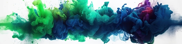 Esplosione di polvere colorata di toni blu e verdi su sfondo bianco ia generativa