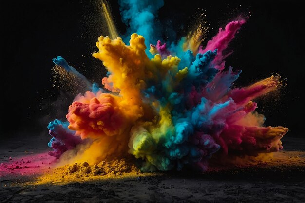 Explosion of colored powder isolated on black background Abstract colored background