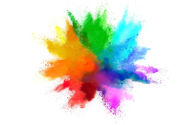 Photo explosion of colored powder on white background