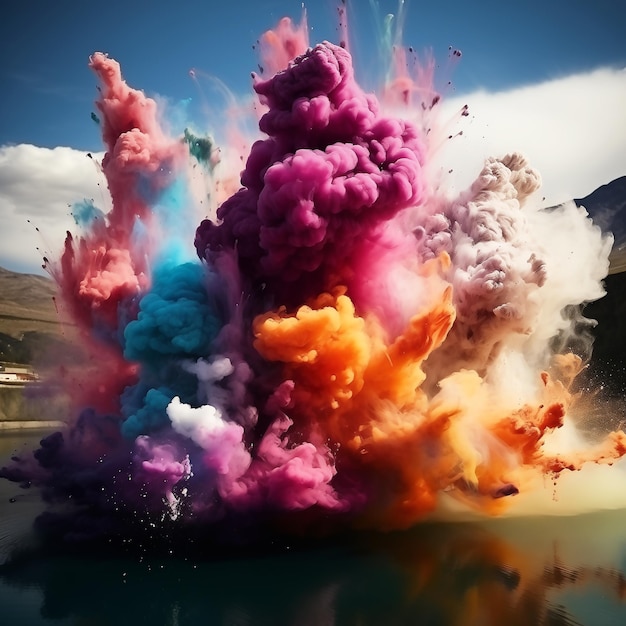 explosion of colored smoke with mountains in the background in the style of photorealistic