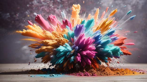 色とりどりの乾燥粉の爆発が背景にスプラットされたAi画像
