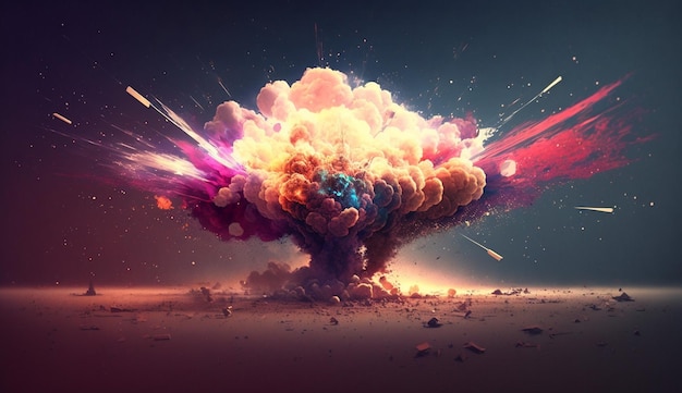 중앙에서 시메트릭으로 다채로운 연기 폭탄의 폭발