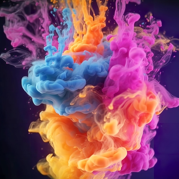 Explosion of colorful water and ink texture into a colorful cloud floating