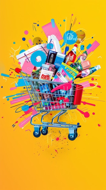 Explosion of colors and products in a shopping cart illustrating variety and abundance