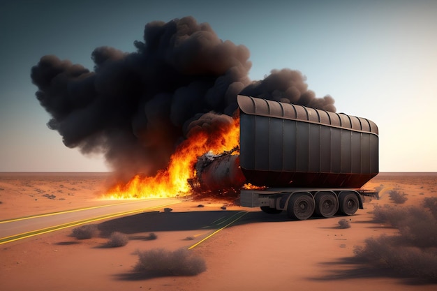 Explosion on crumbling road charred wasteland crashed trailer 3d illustration