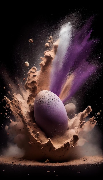 The explosion effect of an egg falling onto sand creates a dynamic and visually striking scene