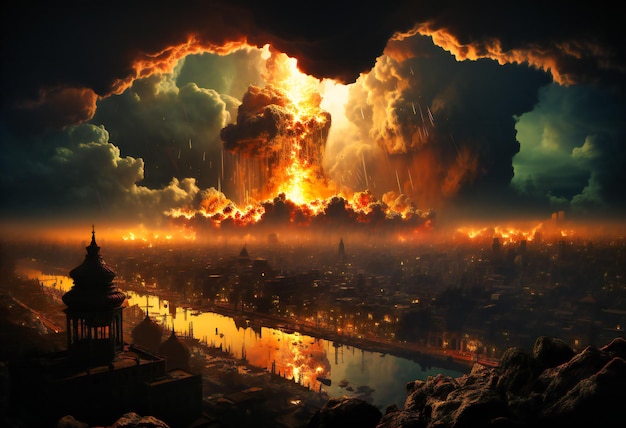 An explosion erupts in front of a city