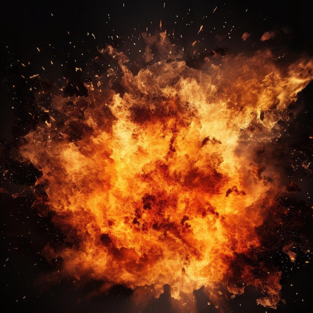 Explosion of Fire on a Black Background with Hot Yellow Flames and Bright Spark Light