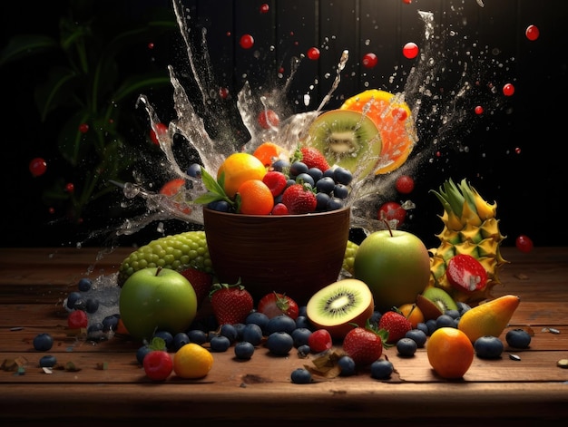 An explosion of fruits around in the air fruit splash onto a glass Generative AI