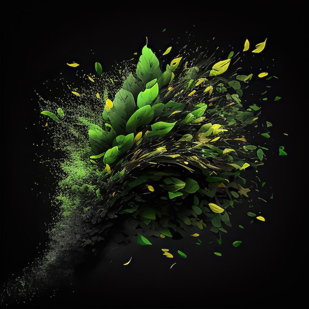 explosion of green tree leaves on black background