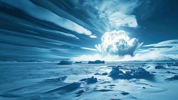 Explosion in an icy desert with glacial snowy landscape