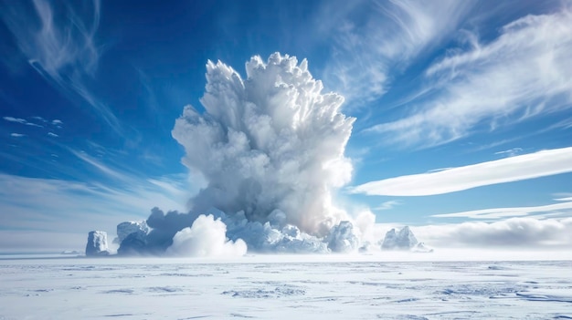 Explosion in an icy desert with glacial snowy landscape