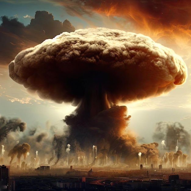 Photo explosion of nuclear bomb over city generated ai