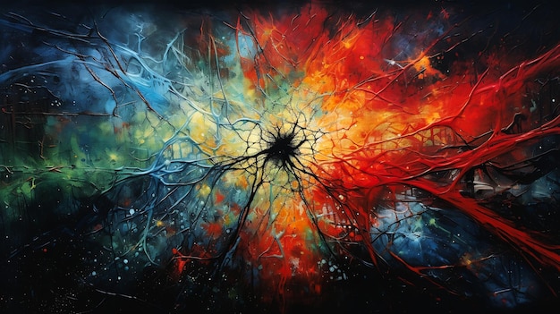 explosion paint web red blue interconnected similar bifrost large cracks neurons closeup fractured