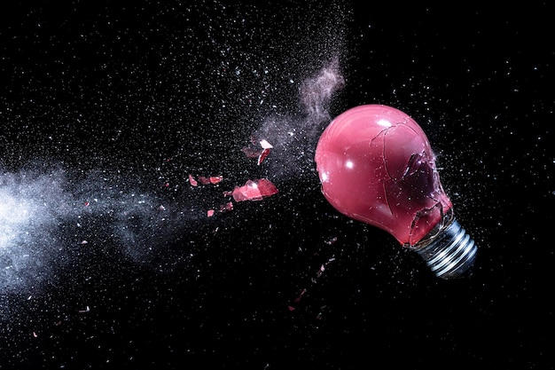 Explosion of a red light bulb on black. high speed photography.