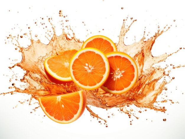 An explosion of red orange with slices on white background