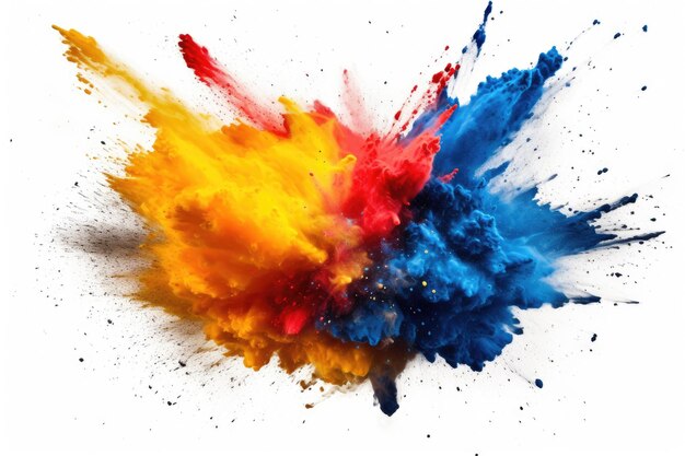 Explosion of red yellow blue powder on white background Colorful Generative AI