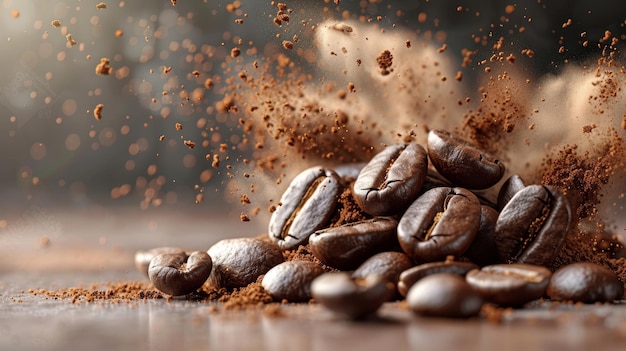 An explosion of roasted ground coffee and arabica grain pieces isolated on transparent background with splashes of brown dust
