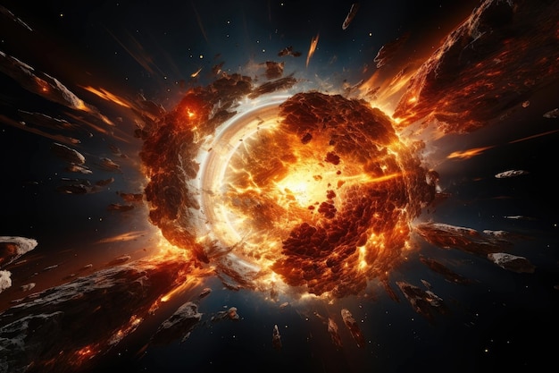 a explosion in space with rocks and flames