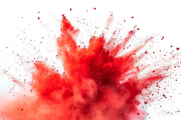 Взрыв ярко-красной краски Холи создает красочный всплеск на белом фоне
