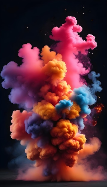 An explosion of vibrantly coloured smoke on a dark background realistic