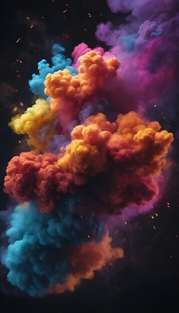 An explosion of vibrantly coloured smoke on a dark background realistic