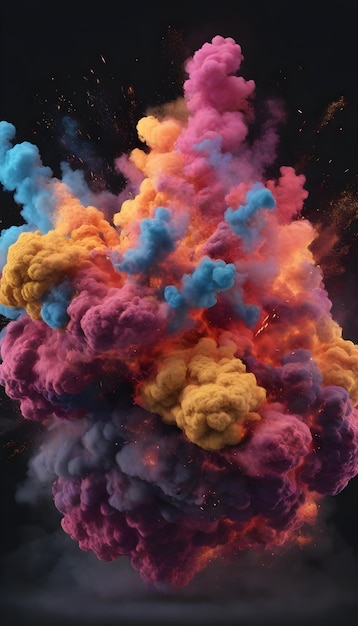 An explosion of vibrantly coloured smoke on a dark background realistic