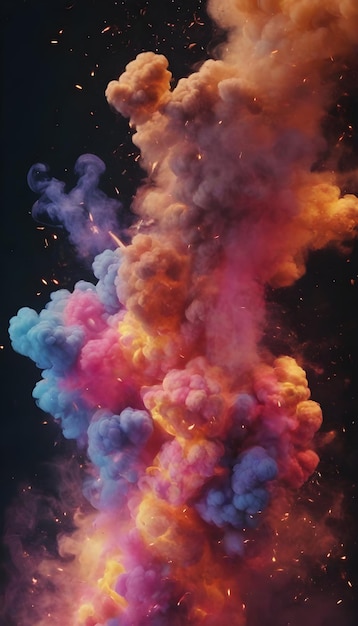 An explosion of vibrantly coloured smoke on a dark background realistic