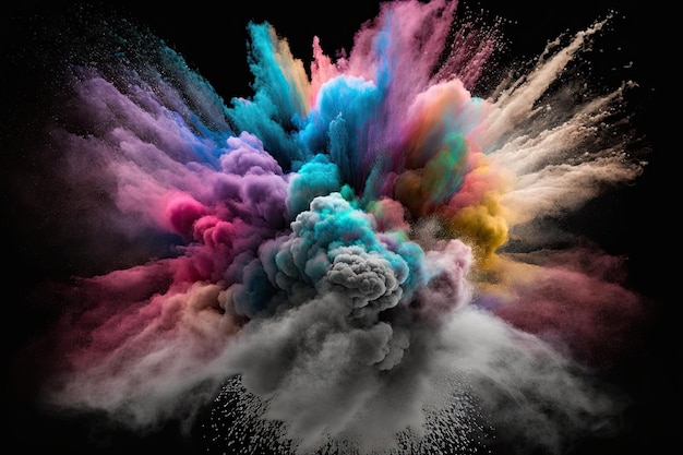 Взрыв белого порошка на черном фоне облака с цветом Яркая пыль взрывается Цвет Холи
