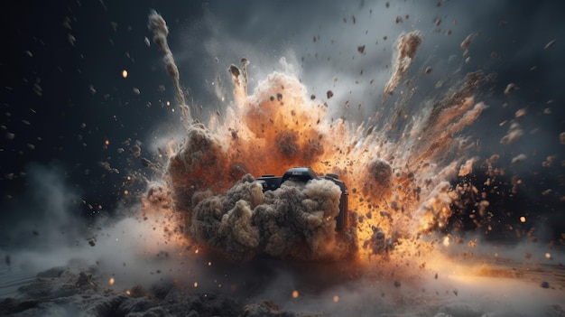A explosion with a black car and a cloud of smoke and a burning explosion.
