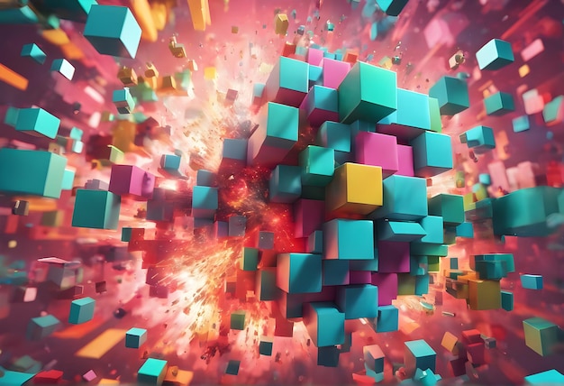 Explosion with fire of colorful glowing cubes 4k wallpaper pink color yellow blue purple cyan orange