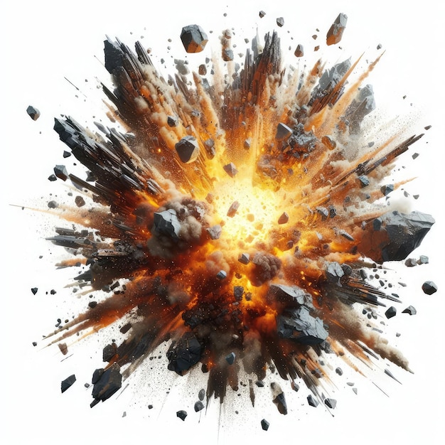 Explosion with pieces of rock isolated on white background