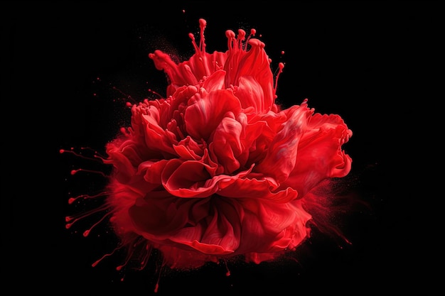 Explosion with splashes of paint in Ruby red colo