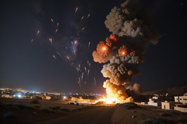 Photo explosions illuminating night sky during israeli mil