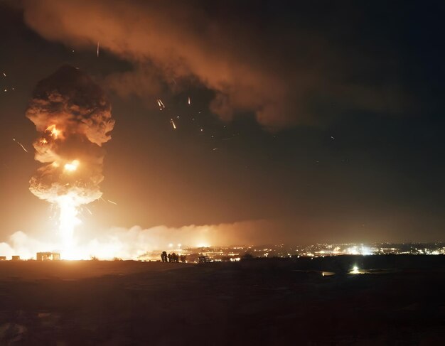 Photo explosions illuminating night sky during israeli military operations