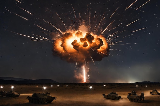 軍事作戦中の夜空を照らす爆発