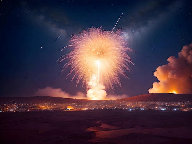 Explosions illuminating night sky