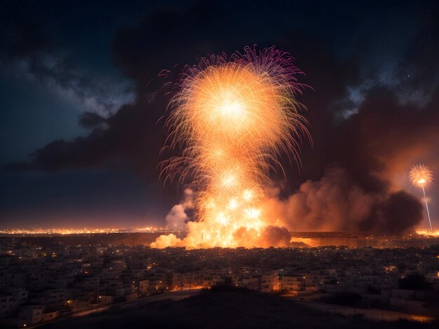 Explosions illuminating night sky