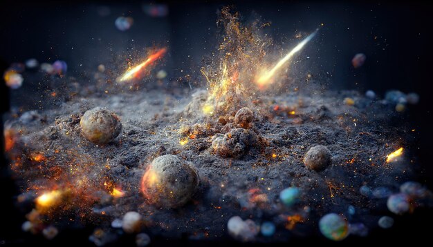 Explosions with fire on an unknown planet smoke stones