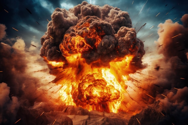 Взрывное извержение бомбы с черным дымом, огненными искрами и крупным планом взрыва