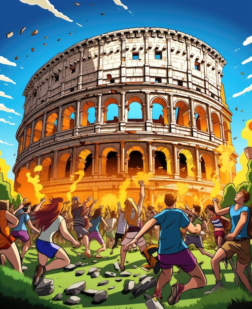 Explosive escape cartoon coloring page of tourists fleeing the colosseum