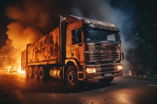 Photo explosive freight fuel truck accident with intense fire and billowing smoke cloud