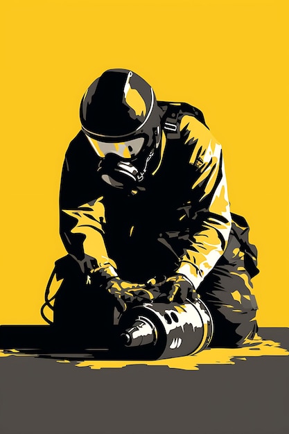 Explosive ordnance disposal technician defusing a bomb yello poster design 2d a4 creative ideas