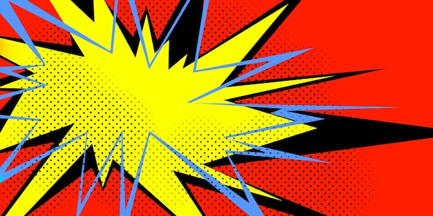 An explosive pop art style illustration on a dotted red background presenting a dynamic yellow center with blue and black accents concept of energy 3D Rendering