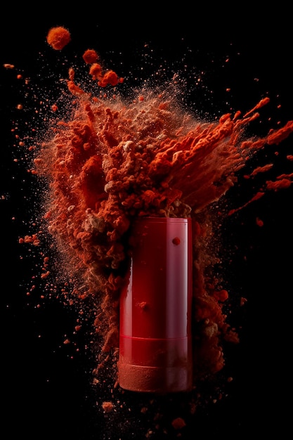 Explosive red lipstick in front view with red dust explosion AI generated