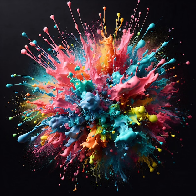 Explosive Splatters of Pink Blue Green and Yellow Paint Dance Against the Dark Canvas